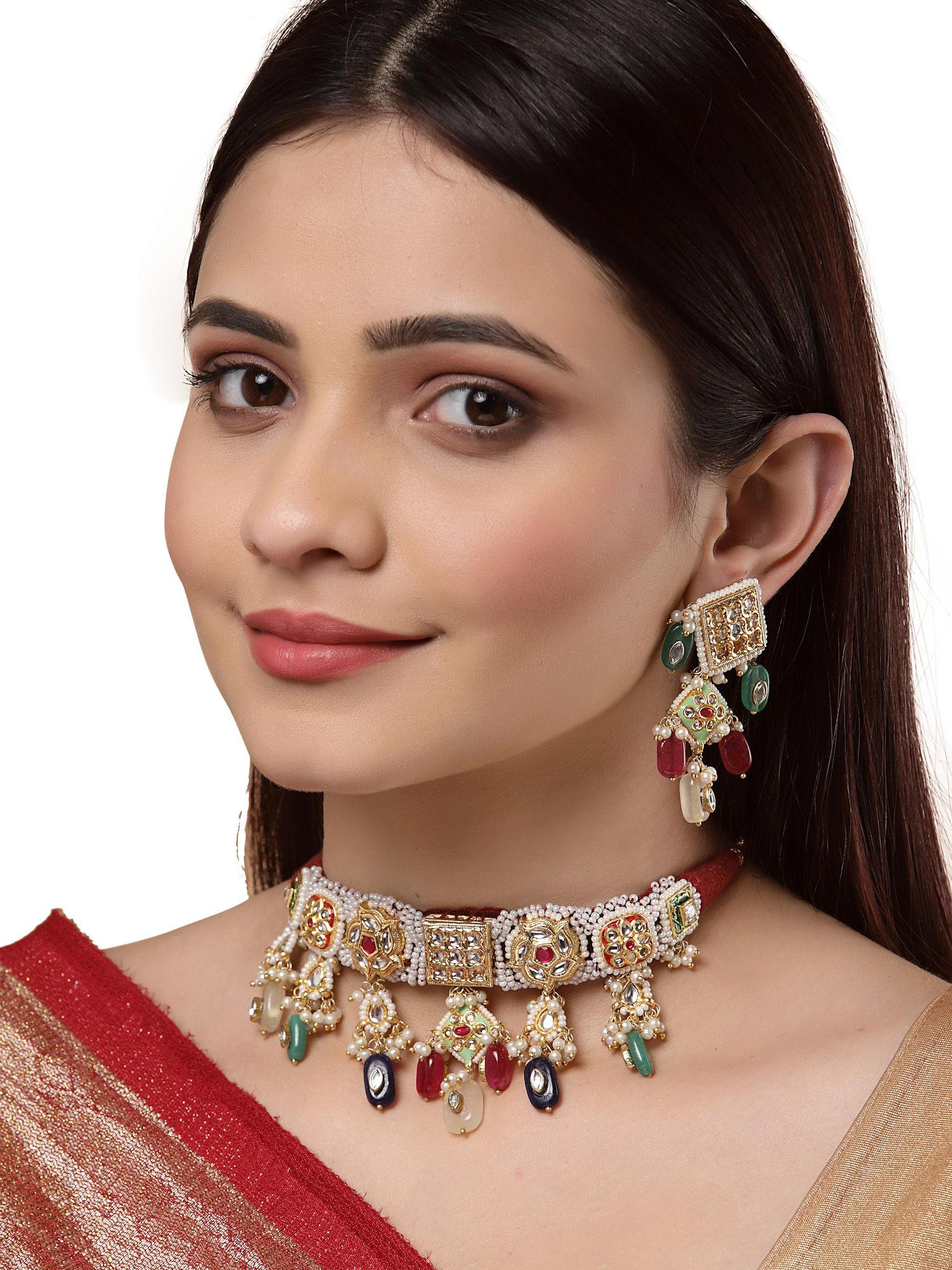 red & green kundan necklace with earrings jewellery (set of 2)