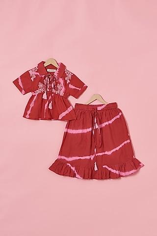 red & light pink cotton printed co-ord set for girls