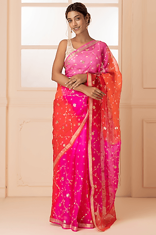 red & pink bandhani embroidered saree set
