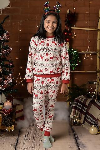 red & white cotton printed pant set for girls