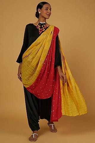 red & yellow embroidered dhoti saree set