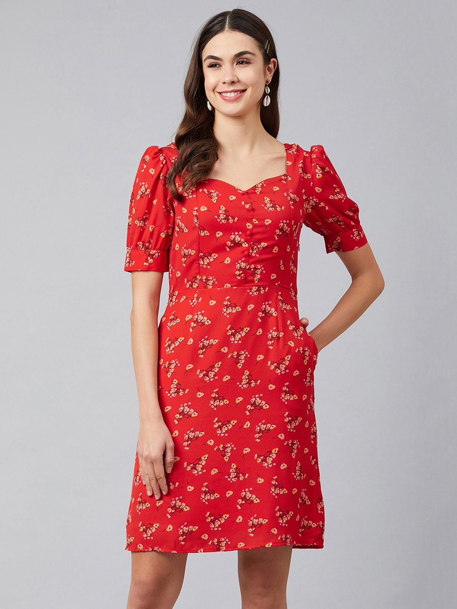 red a-line floral mini dress