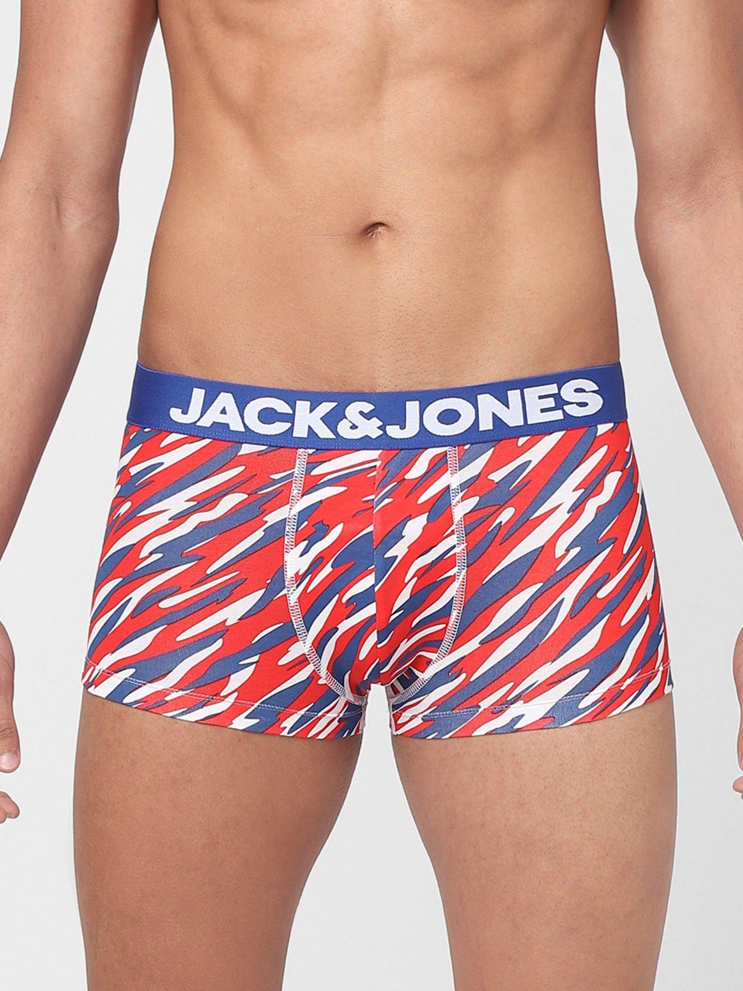 red abstract print trunks