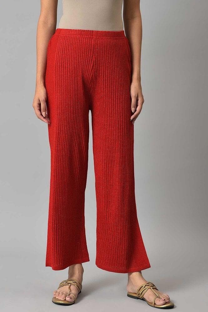 red acrylic knitted palazzo pants