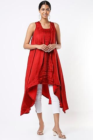 red asymmetrical pleated tunic