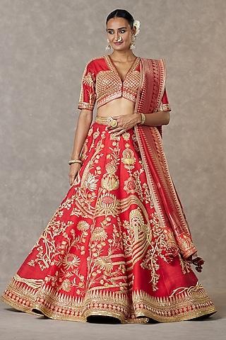 red bagh-e-bahar neelkamal raw silk thread embroidered lehenga set