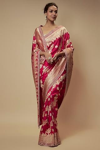 red banarasi silk zardosi embroidered saree set