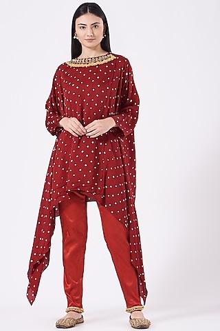 red bandhani printed asymmetrical tunic set