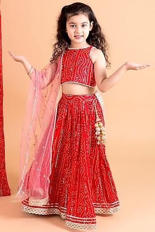 red bandhani printed lehenga set for girls