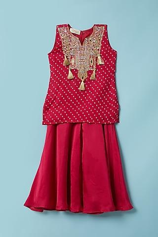 red bandhej printed kurta set for girls