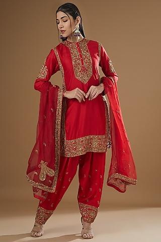 red banglore silk embroidered a-line kurta set