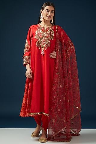 red chanderi chanderi embroidered & printed kurta set