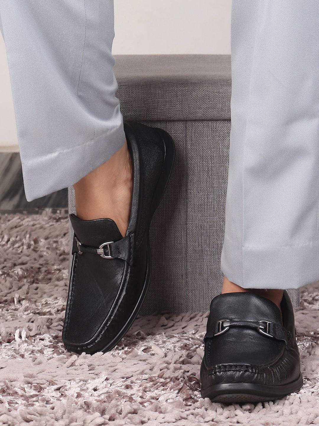red chief men black solid leather formal loafers