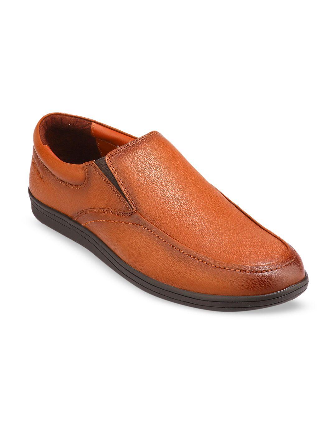 red chief men tan brown solid leather formal slip-ons