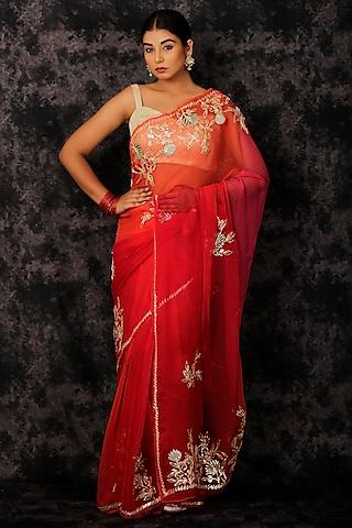 red chiffon ombre embellished saree set
