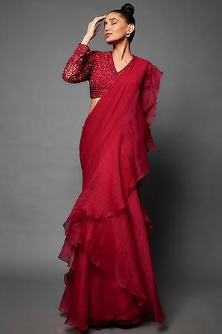red chiffon organza draped saree set