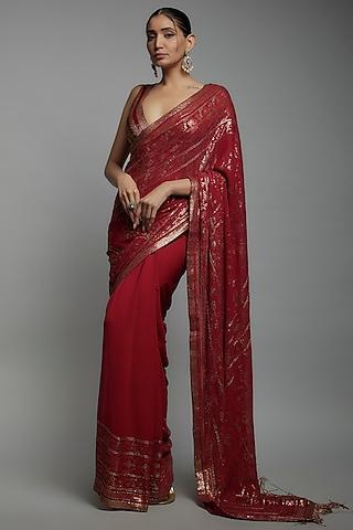 red chiffon sequins embroidered saree set