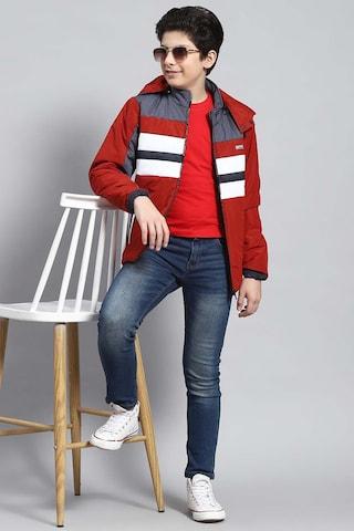 red color block casual full sleeves regular hood boys smart fit jackets