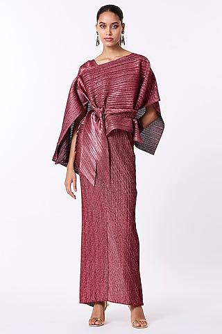 red-copper-polyetser-cocktail-gown-with-pleated-cape