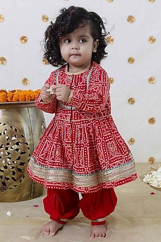 red cotton bandhani printed angrakha set for girls