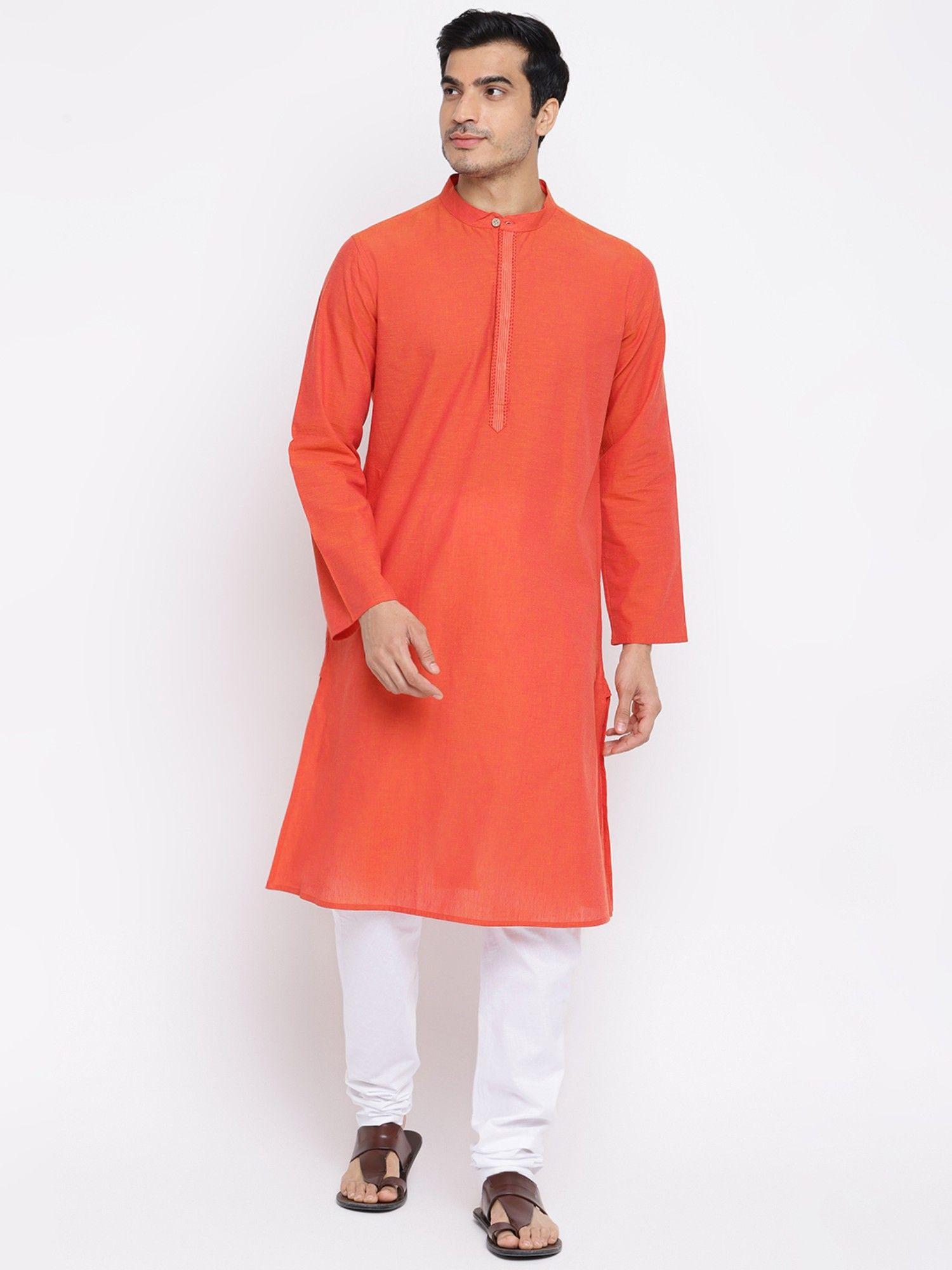 red cotton embroidered long kurta