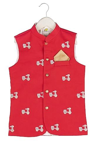 red cotton embroidered nehru jacket for boys