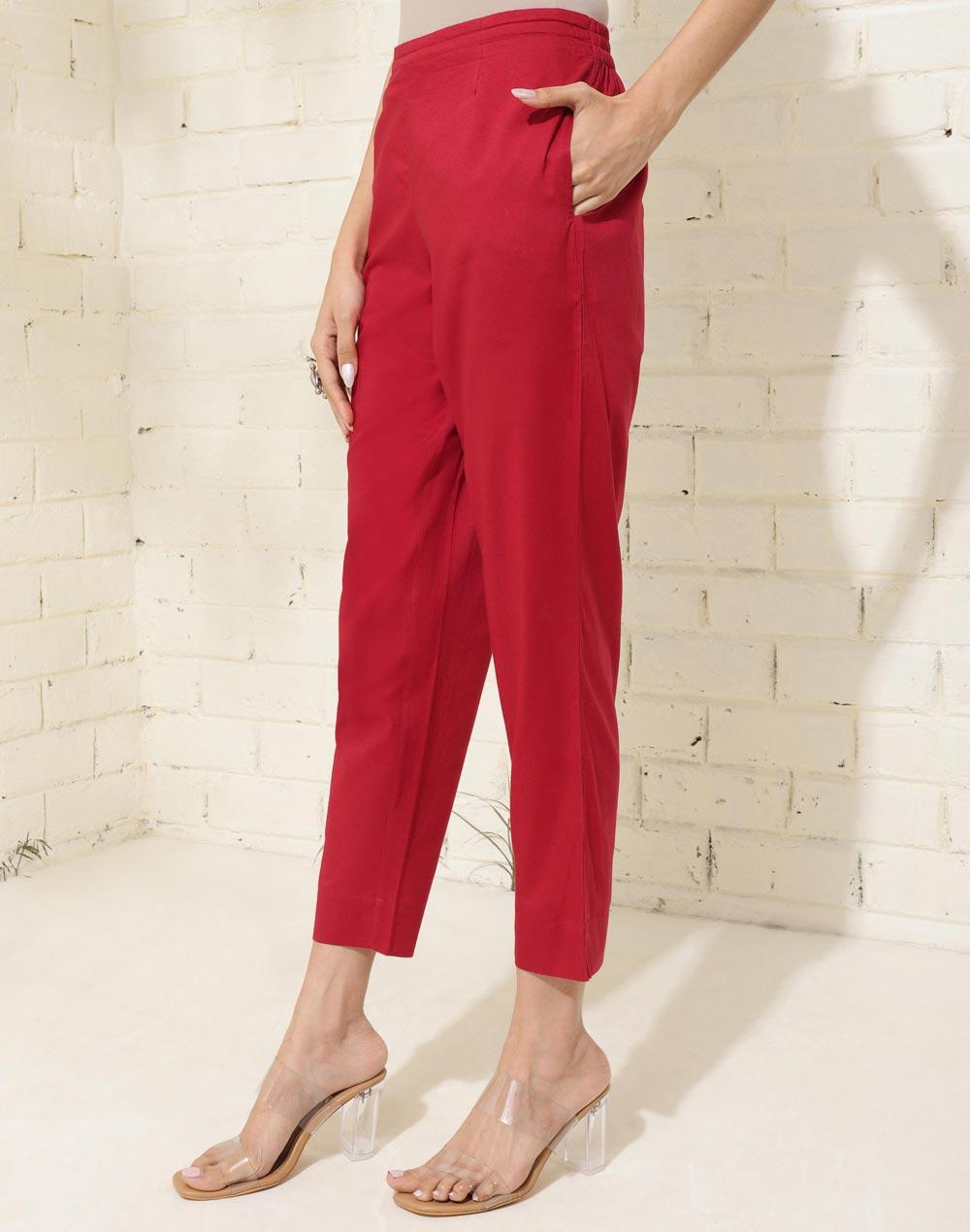 red cotton full length casual ethnic pant