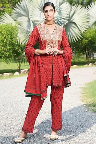 red cotton hand embroidered & hand block printed kurta set