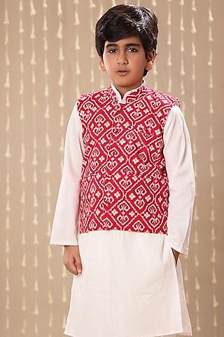 red cotton ikat hand block printed nehru jacket for boys