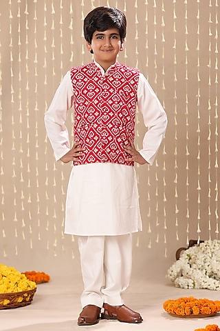 red cotton ikat handblock printed nehru jacket set for boys