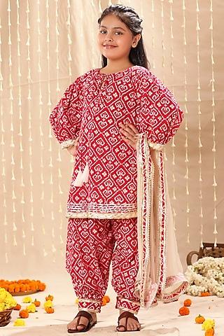red cotton ikat printed & gota embroidered kurta set for girls
