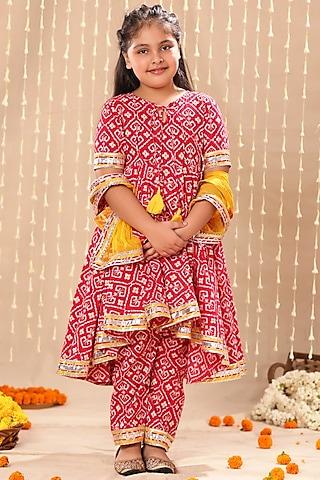 red cotton ikat printed high-low kurta set for girls