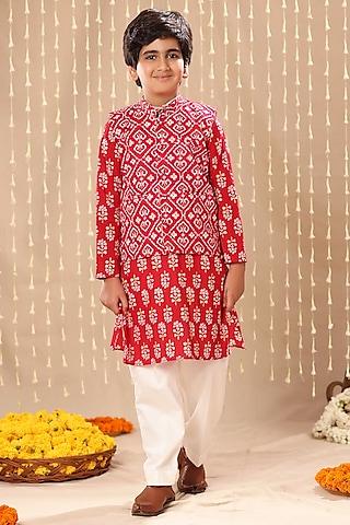 red-cotton-ikat-printed-nehru-jacket-set-for-boys