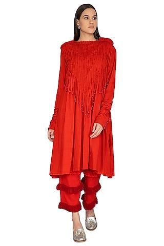 red cotton pleated tunic