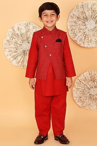 red cotton printed bundi jacket with kurta set for boys