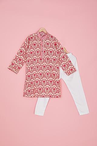 red cotton printed kurta set for boys