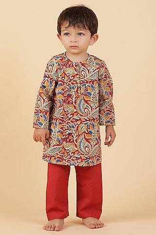 red cotton printed kurta set for boys