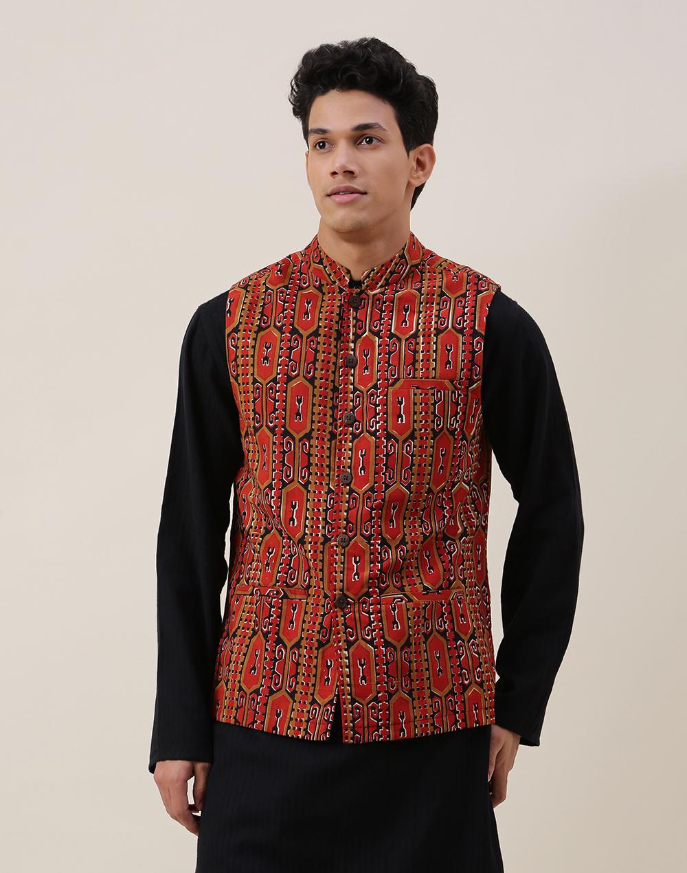 red-cotton-printed-nehru-jacket