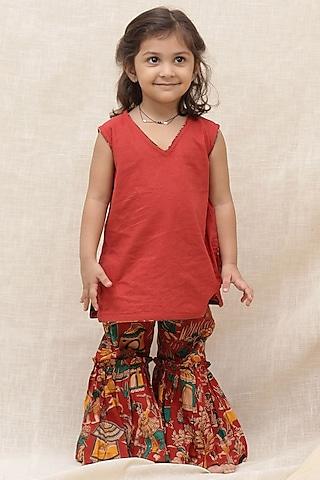 red cotton printed sharara set for girls