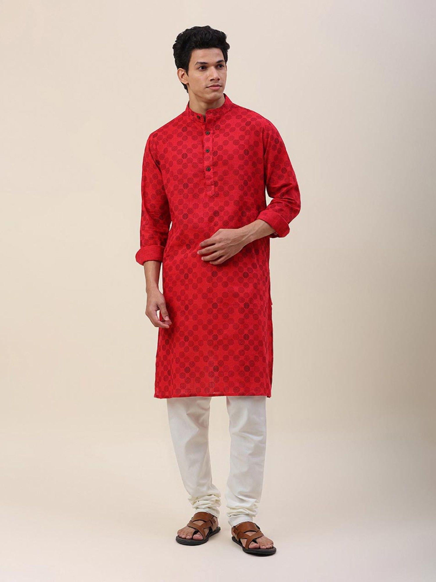 red cotton printed slim fit long kurta