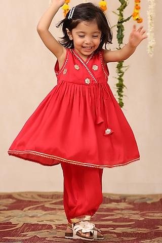 red cotton satin kurta set for girls