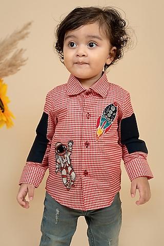 red cotton satin motifs embroidered color block shirt for boys