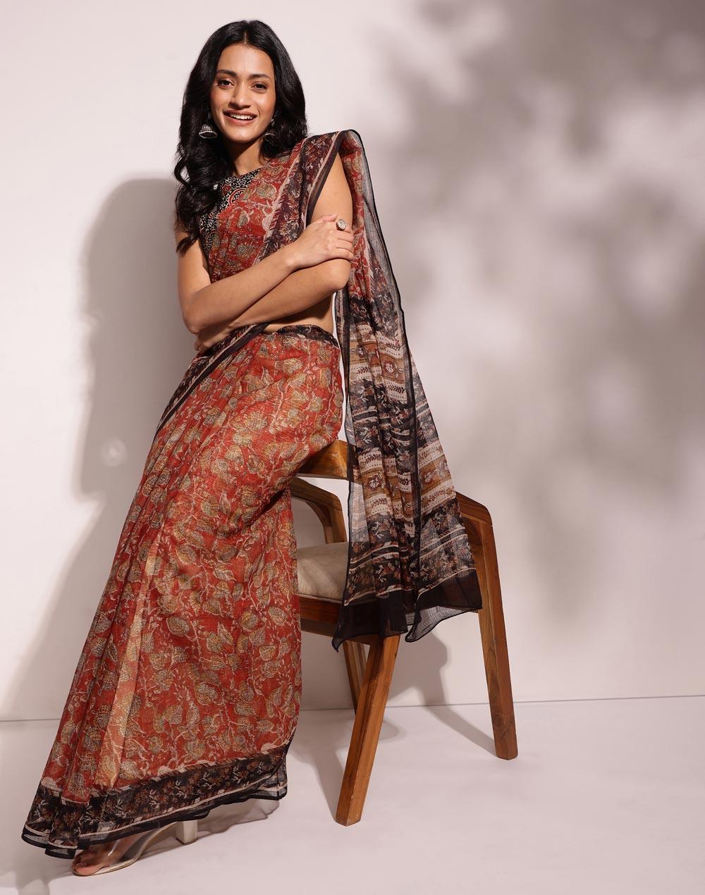 red cotton silk printed sari