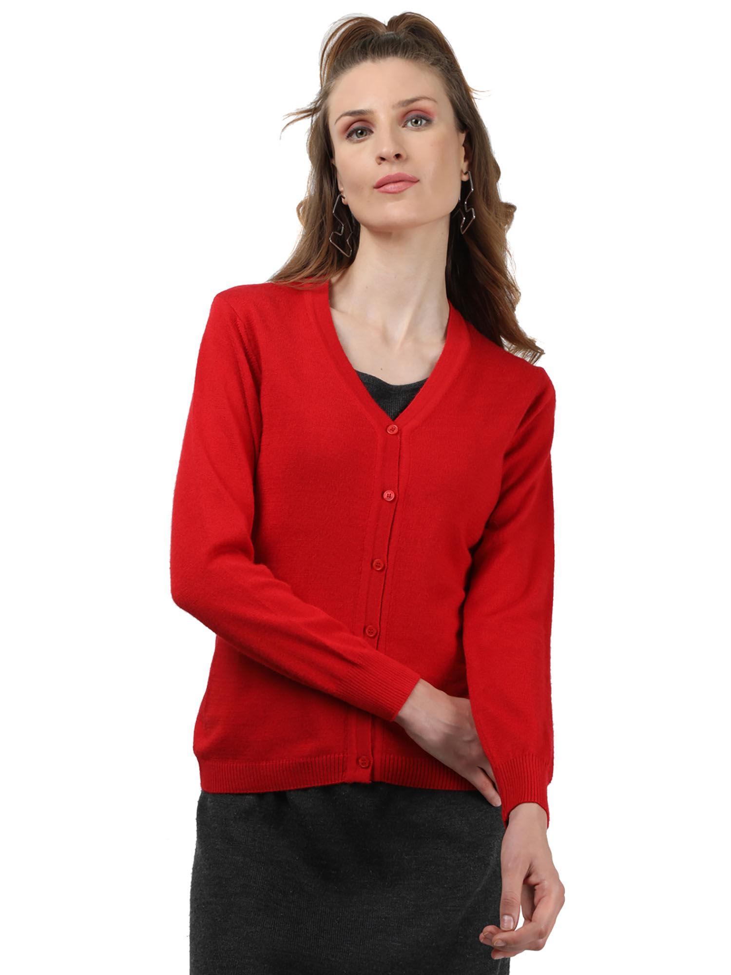 red cotton solid full sleeve cardigan