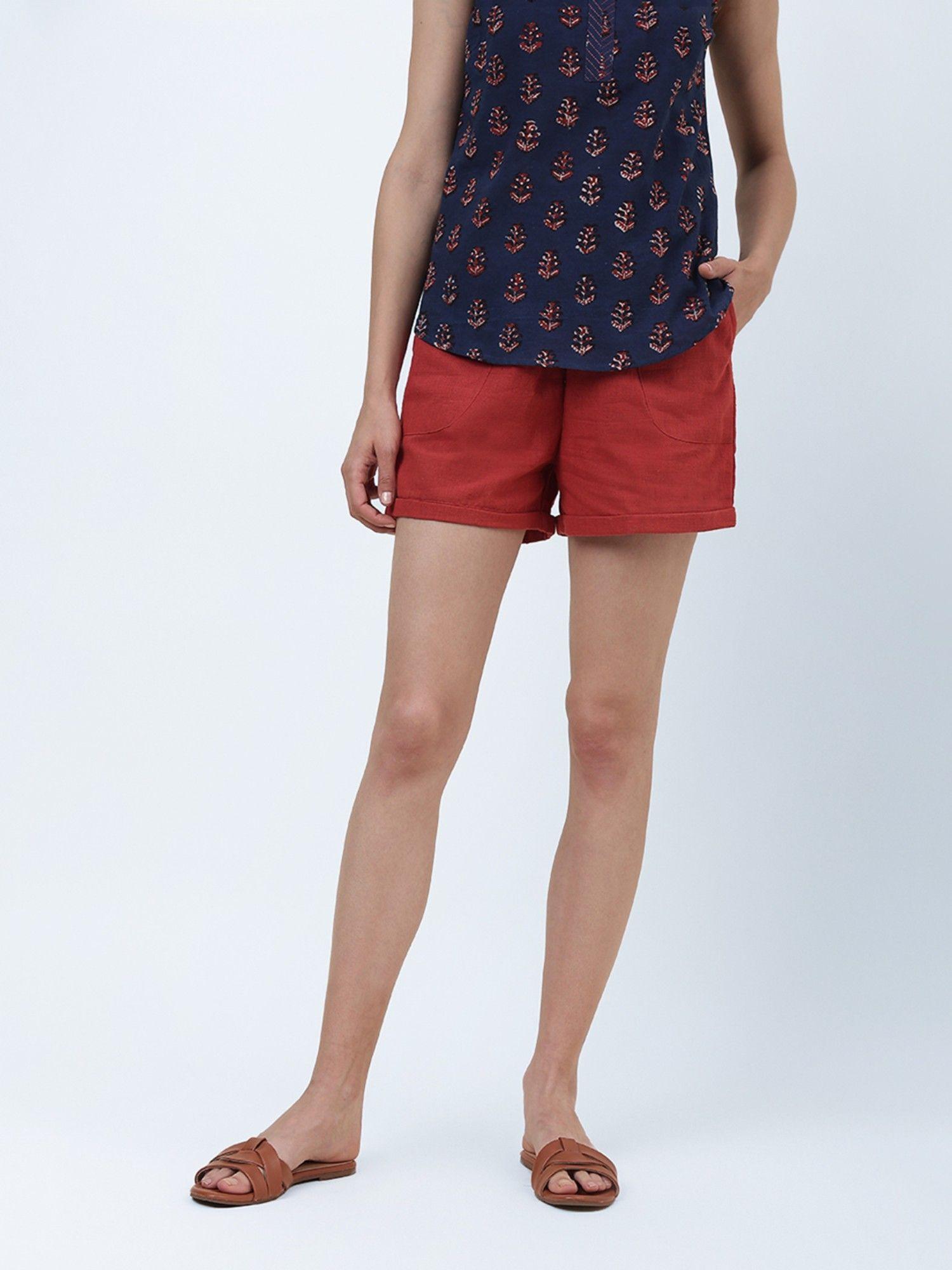red cotton thigh length shorts