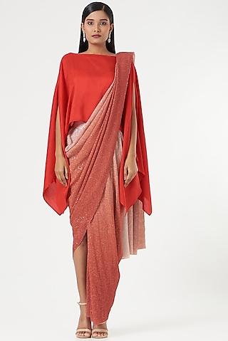 red crepe & silk draped saree set