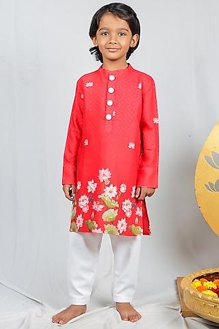 red crepe hand embroidered kurta set for boys