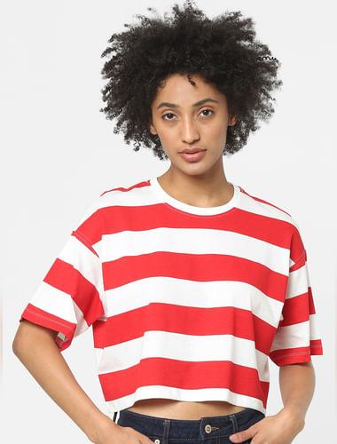 red cropped striped t-shirt