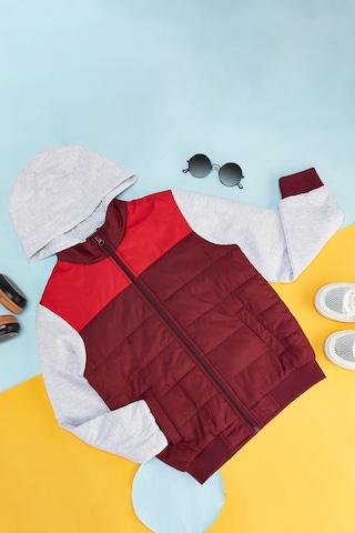 red cut & sew casual full sleeves regular hood boys regular fit  jacket
