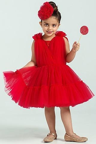 red embellished gathered dress for girls